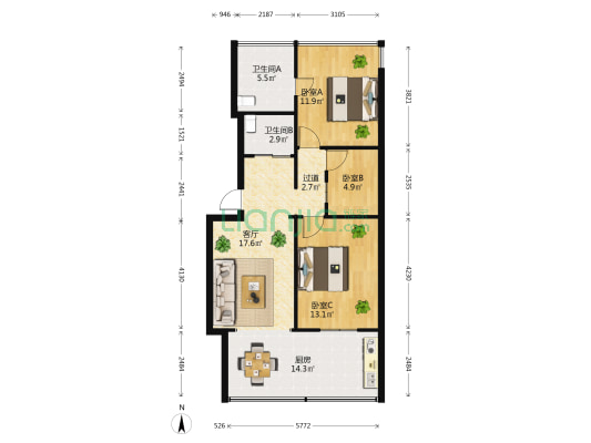 昆明市自来水总公司宿舍 3室1厅2卫 60平方