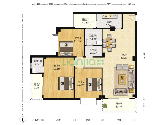 京都花园 3室1厅3卫 134平方