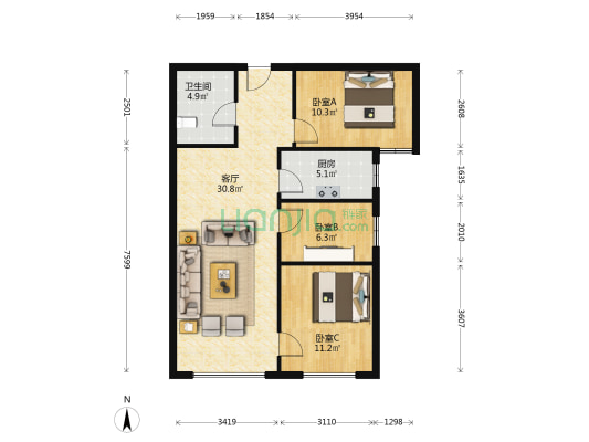 高铁新干线  全阳三居室  精装   有钥匙  随时看房-户型图