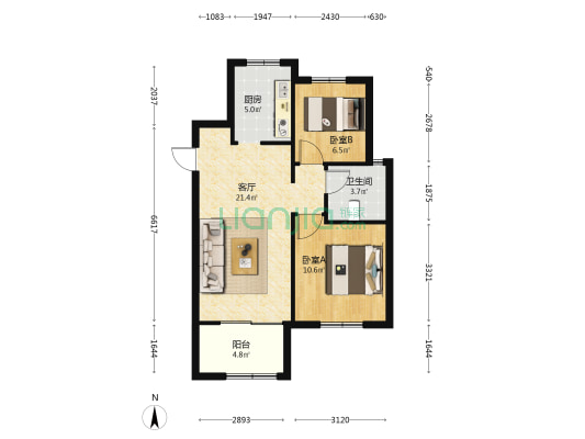 松南城蔷薇苑 2室1厅1卫 76平方
