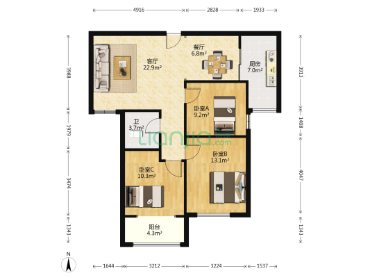 宏成家园 3室2厅1卫 100平方