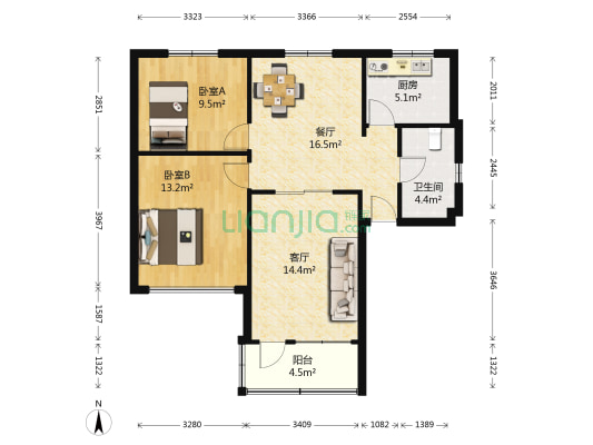 山西园路 2室2厅1卫 90平方