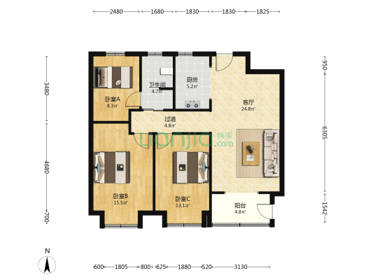 景云华府 3室1厅1卫 115平方