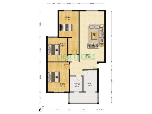 金城公寓 3室1厅1卫 122平方
