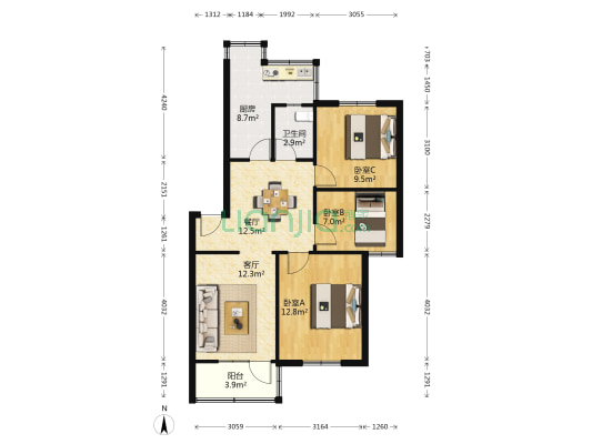 二零四社区 3室2厅1卫 82平方