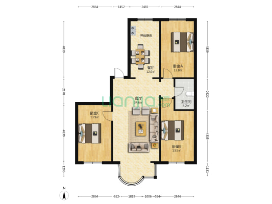 烽火B2区 3室2厅1卫 117平方