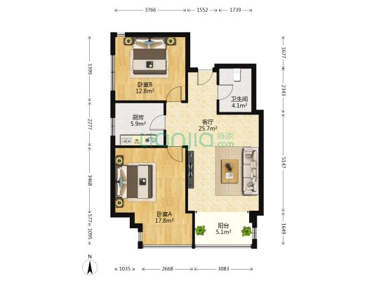 时代公馆 2室1厅1卫 107平方