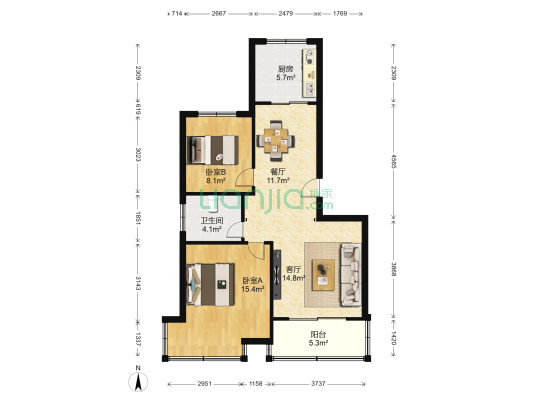 中大翡翠园 2室2厅1卫 86平方