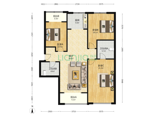 朝阳华府 3室1厅2卫 144平方