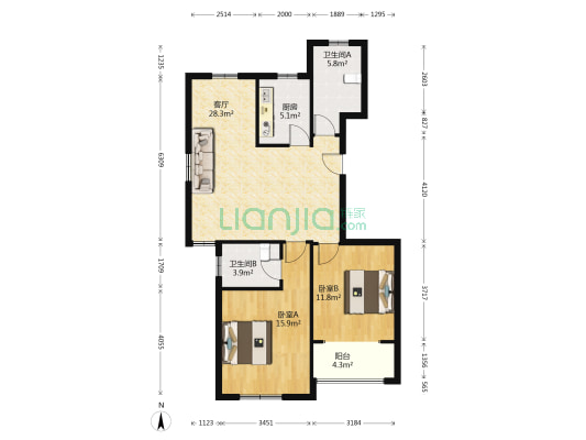 鸿运苑B区 2室1厅2卫 105平方