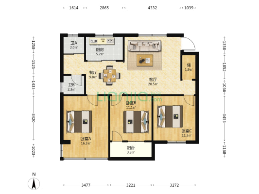 艺海公寓 3室2厅2卫 101平方
