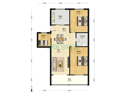 蠙东金侨小区 3室2厅1卫 105平方