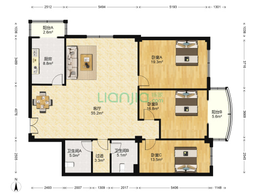 龙鼎大厦嘉福国际 3室1厅2卫 182平方