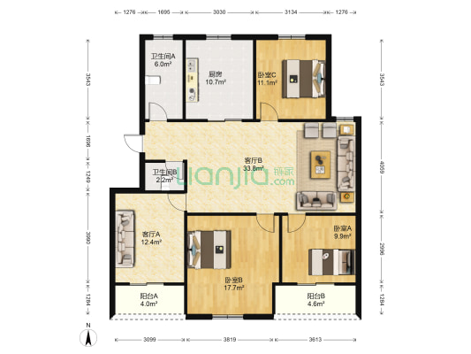 朝阳小区 3室2厅2卫 111平方