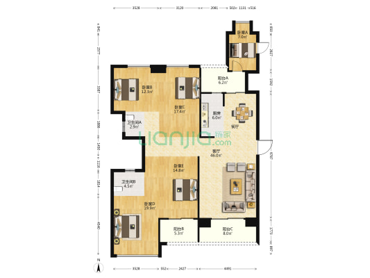 利嘉中心 5室1厅2卫 174平方