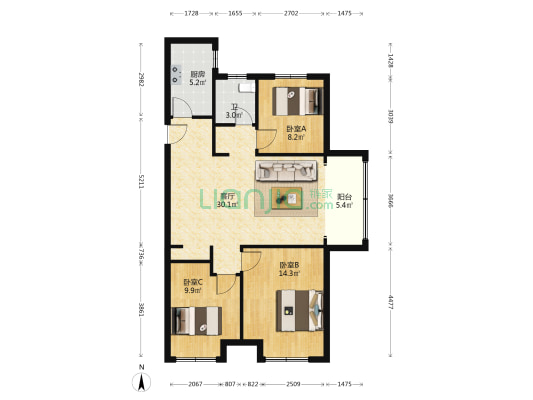 柳岸雅居 3室1厅1卫 108平方