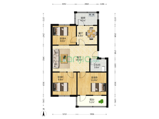 水泥厂宿舍 3室2厅1卫 90平方