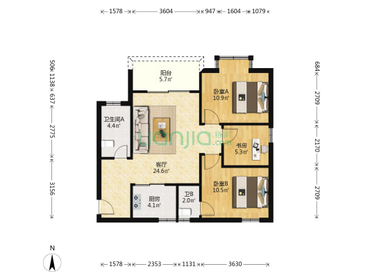 安居花园 3室1厅2卫 85平方