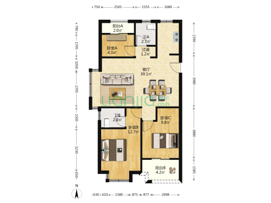 鸿翔东辰名邸 3室1厅2卫 89平方
