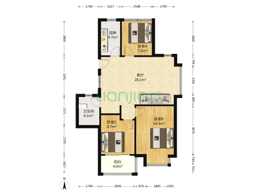 西湖君庭 3室1厅1卫 87平方