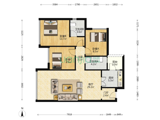 御澜台 3室1厅2卫 110平方
