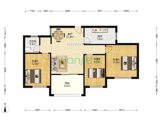 毓秀庄园 3室1厅1卫 128平方