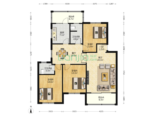 江汉花园 3室2厅2卫 130平方
