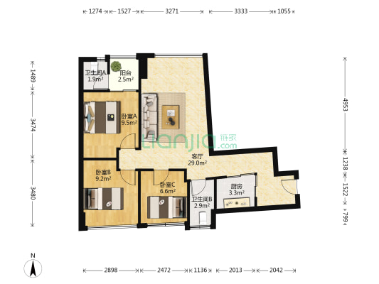 百源双玺 3室1厅2卫 95平方