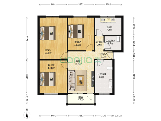索河路招待所家属楼 3室1厅2卫 109平方
