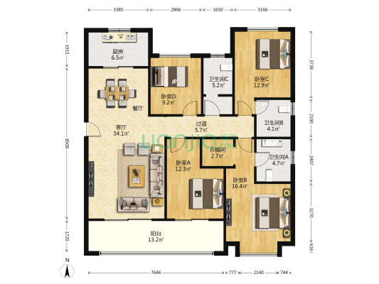 阳光城檀悦 4室1厅3卫 172平方