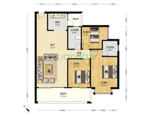 华洪明珠花园 3室1厅2卫 120平方