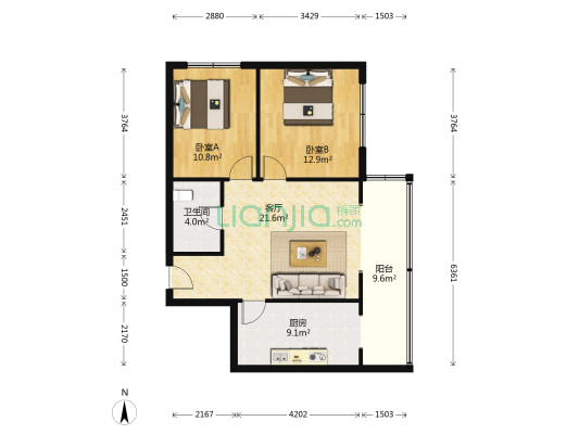 金凯国际 2室1厅1卫 93平方