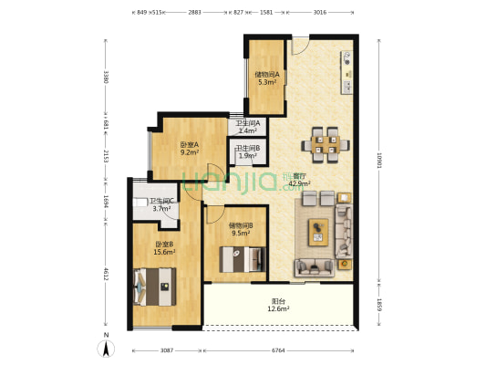 珠光御景湾 2室1厅3卫 107平方