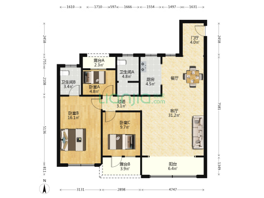 绿地·蔚蓝城 3室1厅2卫 120平方