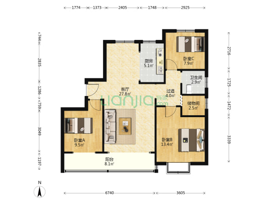 中康清照雅居 3室1厅1卫 120平方