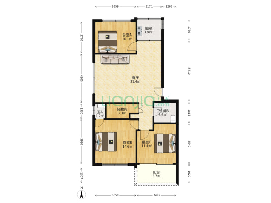 之江花园 3室1厅2卫 102平方