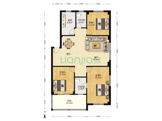 烟草小区 3室1厅2卫 131平方