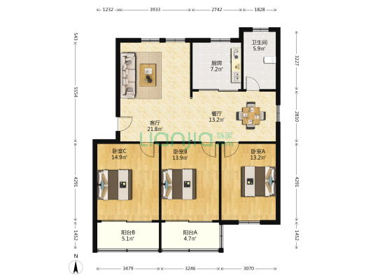 桃坞路服饰城 3室2厅1卫 116平方