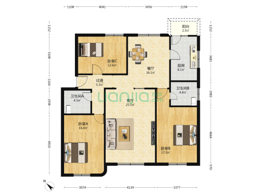 燃建小区 3室2厅2卫 126平方