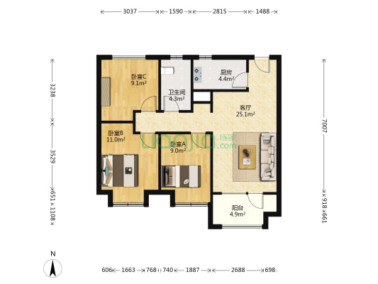 卓越皇后道千山外 3室1厅1卫 89平方