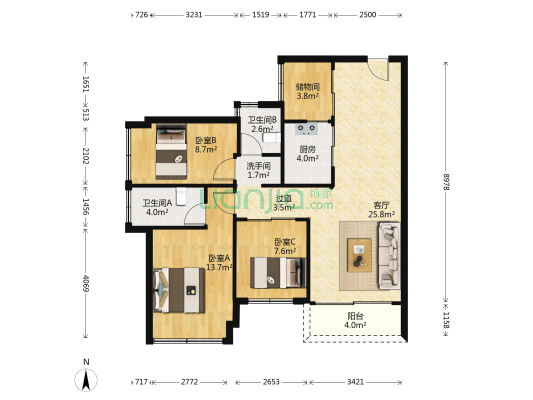 鸿华I尚城 3室1厅3卫 86平方