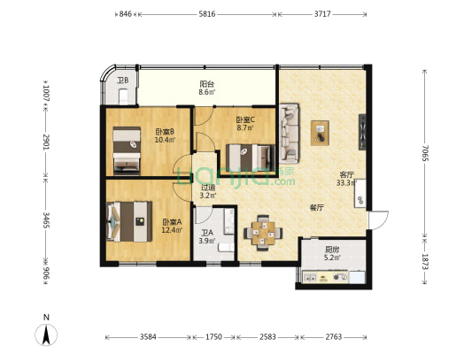 亚仿苑 3室1厅2卫 98平方