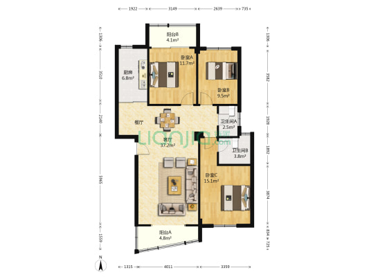 云亭花园 3室1厅2卫 110平方