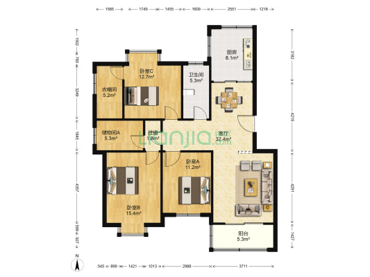 淮安生态新城都市花园 3室1厅1卫 122平方
