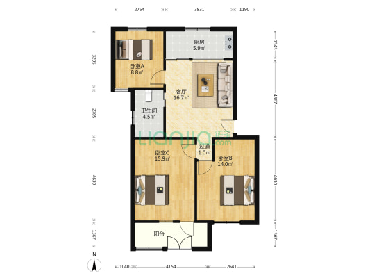 兰花园 3室1厅1卫 88平方