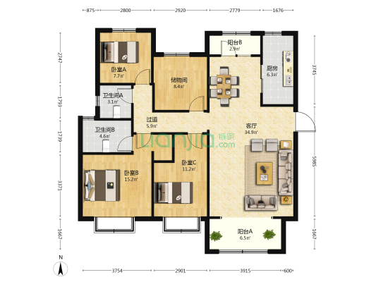 碧桂园天玺 3室1厅2卫 158平方