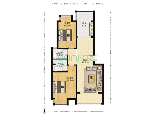 高桥鑫玉B1小区西区 2室1厅2卫 85平方