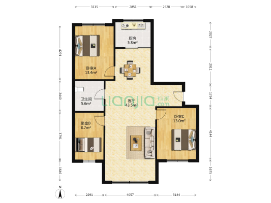 新城官邸 3室1厅1卫 119平方