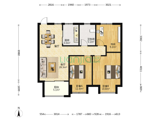 绿地四期卢浮公馆 3室1厅1卫 107平方