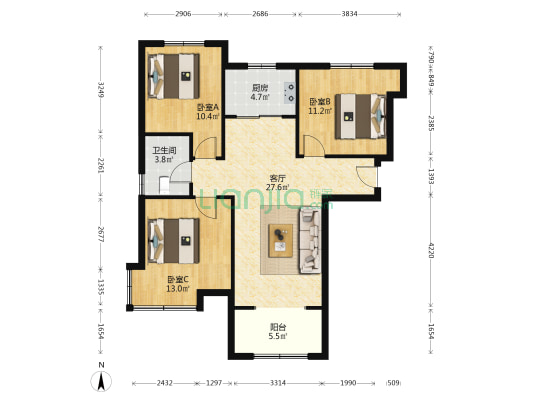 南北通透，三居，精装，房主自住-户型图